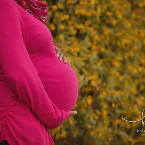 Pregnant woman standing sideways wearing bright pink sweater holding her belly in front of yellow flowering bush