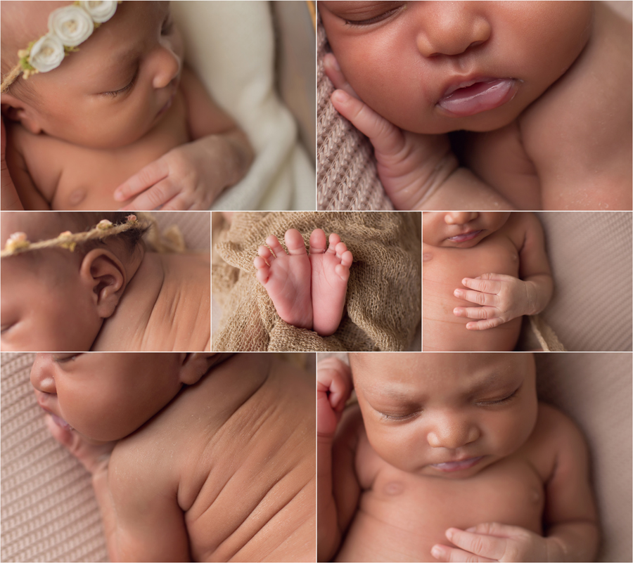collage of newborn baby girl features - eye lashes, nose, feet, back rolls, hand and feet