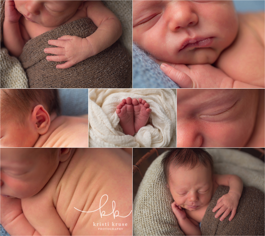 collage of newborn baby boy features - eye lashes, nose, ear, back rolls, feet and hands