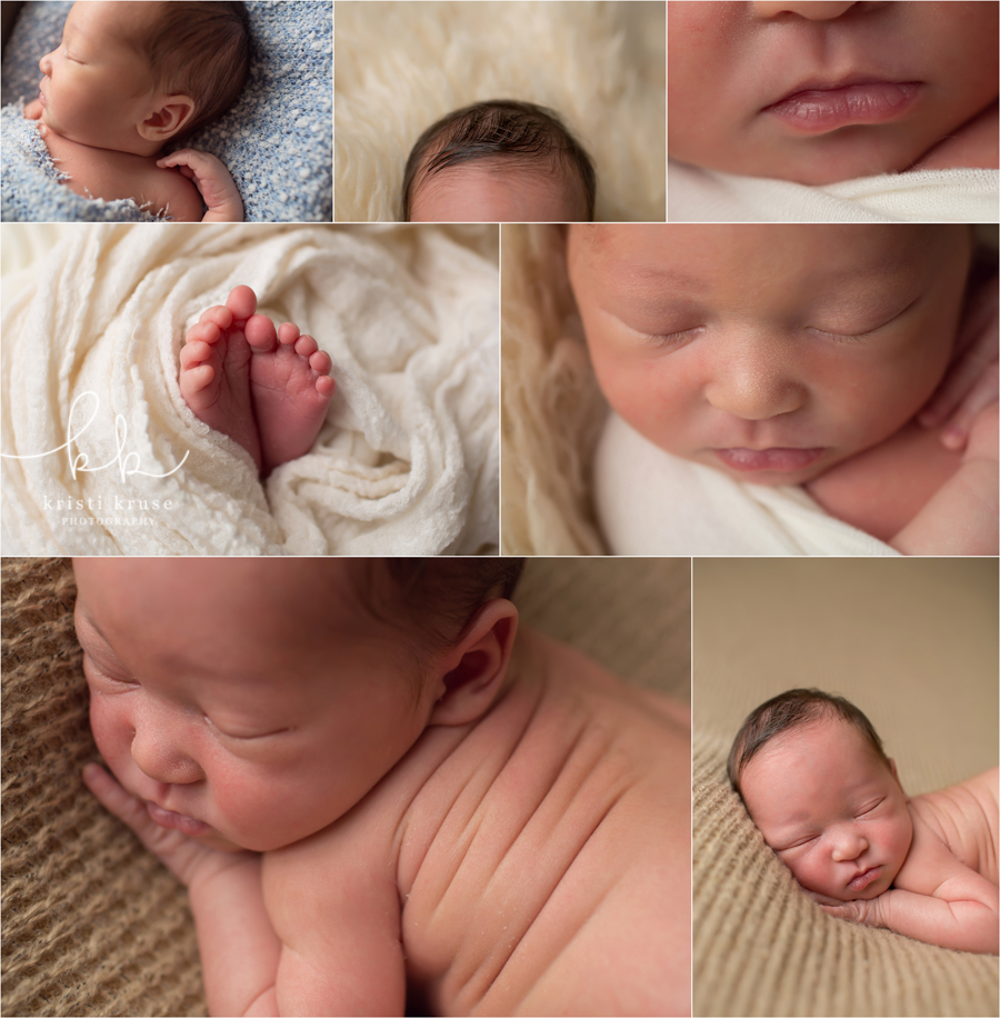 Collage of pictures capturing newborn baby boys features including toes, ear, hair, lips, nose and back rolls.